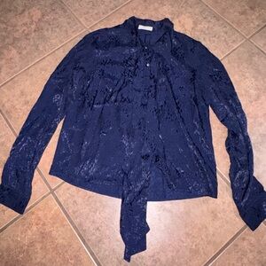 Artizia Babaton Navy Blue Button-Up V Neck Blouse small bow jacquard leopard